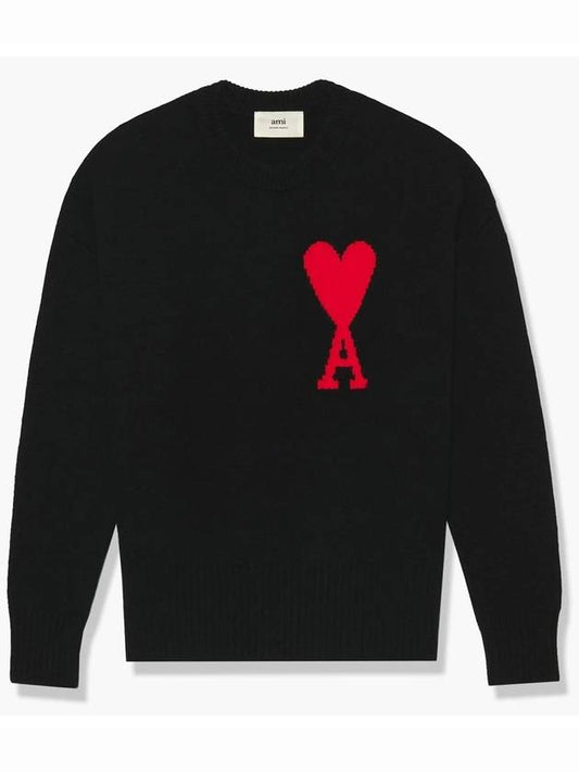 Big Heart Logo Embroidered Wool Knit Top Black - AMI - BALAAN.