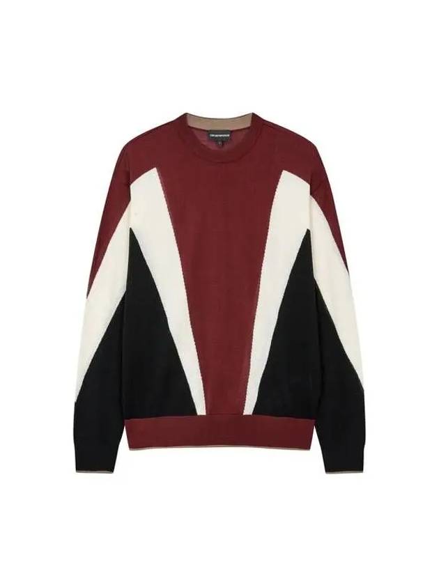 Men s Color Block Wool Crewneck Knit Burgundy - EMPORIO ARMANI - BALAAN 1