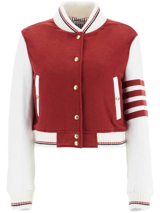 4-Bar Crop Varsity Cashmere Bomber Jacket Red - THOM BROWNE - BALAAN 2