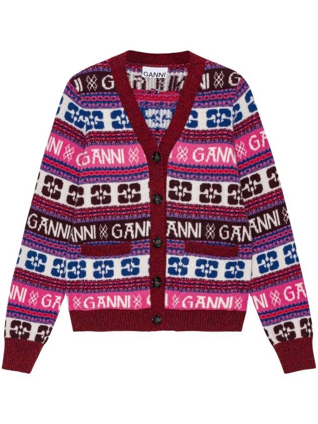 Intarsia Logo V-Neck Wool Mix Cardigan Pink - GANNI - BALAAN 2