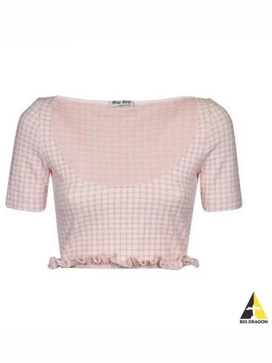 MIU Women s Check Crop Short Sleeve T Shirt Light Pink MT1741 1GEV - MIU MIU - BALAAN 1