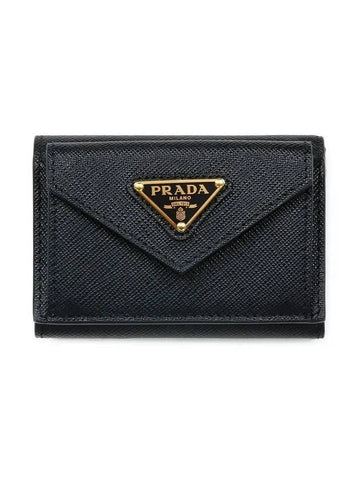 Saffiano Triangle Logo Flap Half Wallet Black - PRADA - BALAAN 1