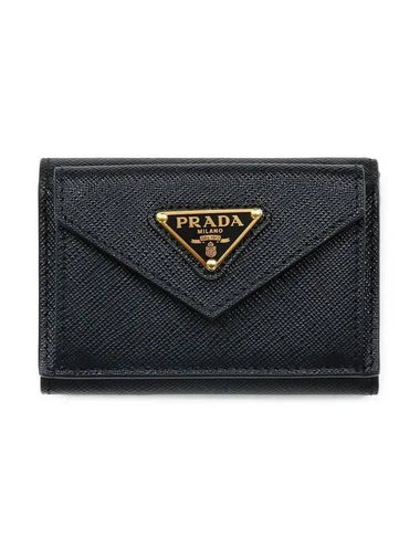 Saffiano Triangle Logo Flap Half Wallet Black - PRADA - BALAAN 1