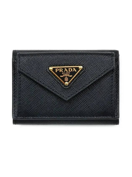 Saffiano Triangle Logo Flap Half Wallet Black - PRADA - BALAAN 1