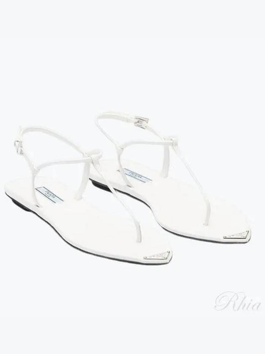 Triangle Logo Brushed Leather Flat Sandals White - PRADA - BALAAN 2