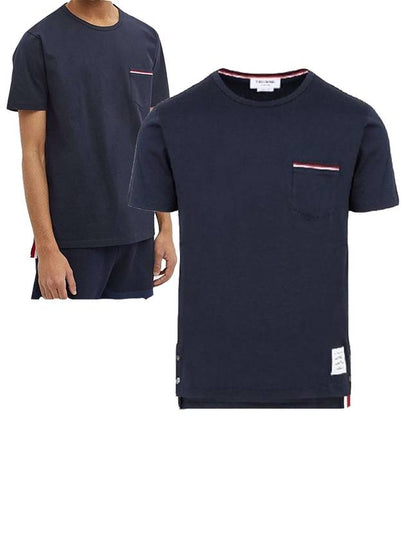 Men's Medium Weight Jersey Tipped Pocket Crewneck Short Short Sleeve T-Shirt Navy - THOM BROWNE - BALAAN 2