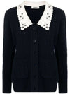 Embroidered Floral Wide Collar Cardigan Navy - SANDRO - BALAAN 1