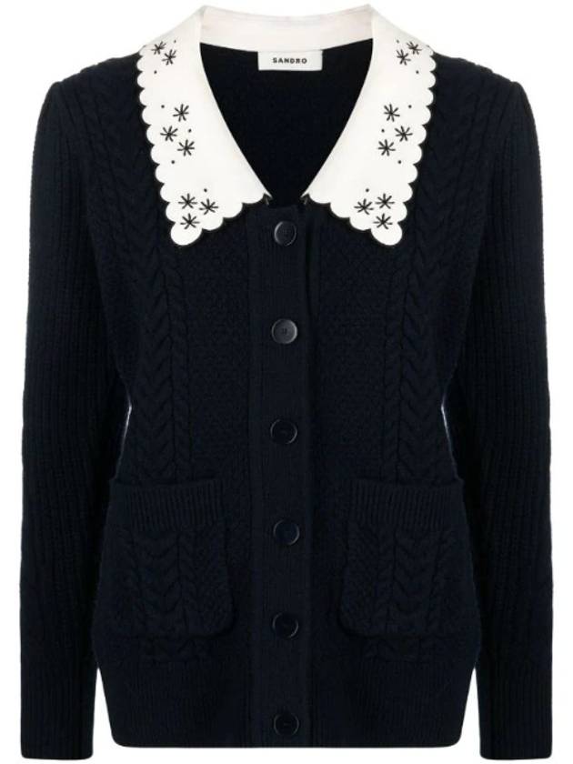 Embroidered Floral Wide Collar Cardigan Navy - SANDRO - BALAAN 1