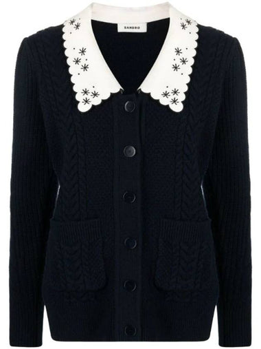 Embroidered Floral Wide Collar Cardigan Navy - SANDRO - BALAAN 1