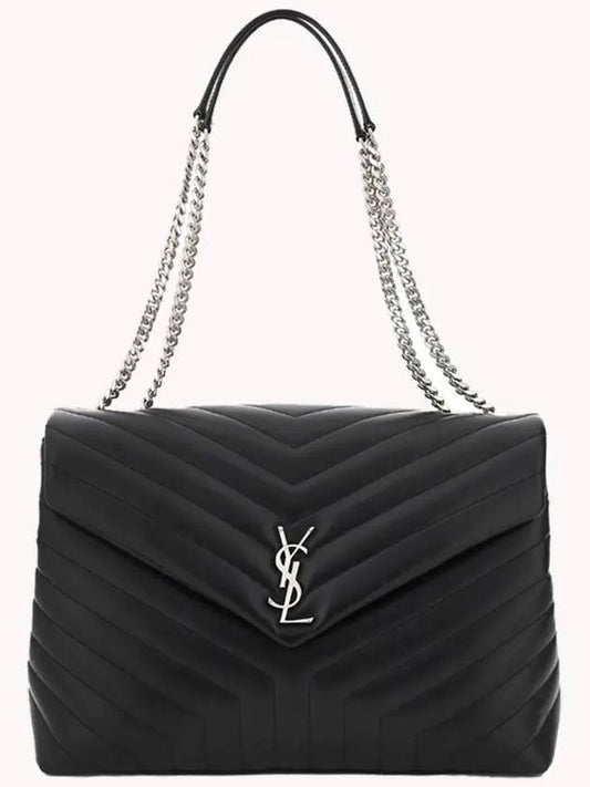 Lulu Chain Quilted Silver Logo Large Shoulder Bag Black - SAINT LAURENT - BALAAN.