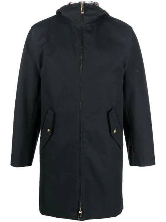 Waterproof Cotton Twill T-Dart Hooded Jacket Navy - THOM BROWNE - BALAAN 1