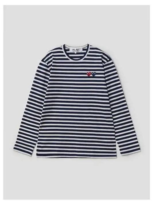 Unisex double heart wappen stripe striped t shirt navy domestic product GM0024042381206 - COMME DES GARCONS PLAY - BALAAN 1