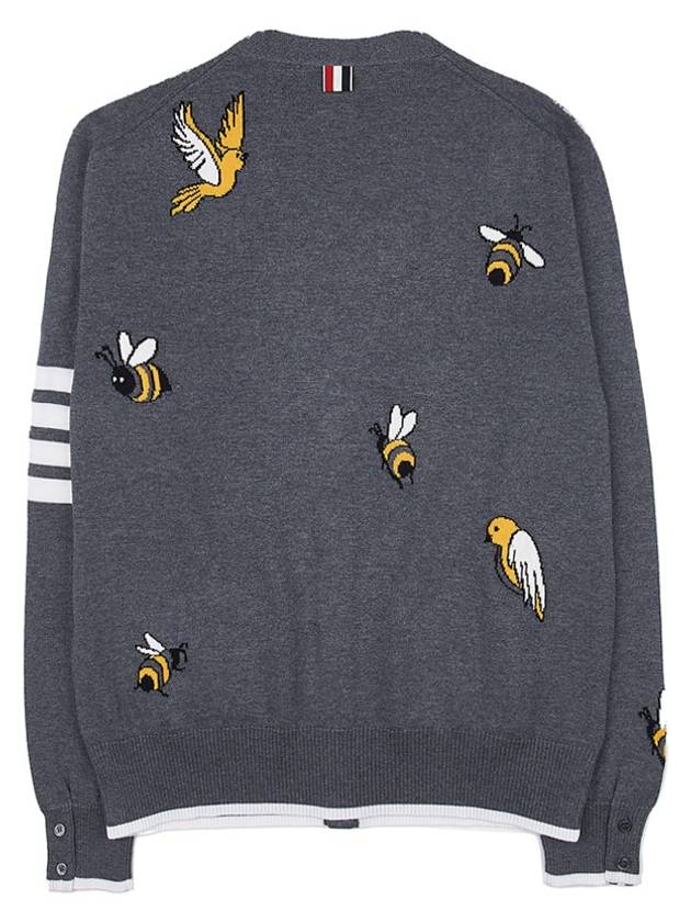 Men's Merino Bird Bee 4 Bar V-Neck Merino Cotton Cardigan Medium Grey - THOM BROWNE - BALAAN 3