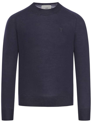 Logo Crew Neck Knit Top Navy - AMI - BALAAN 1