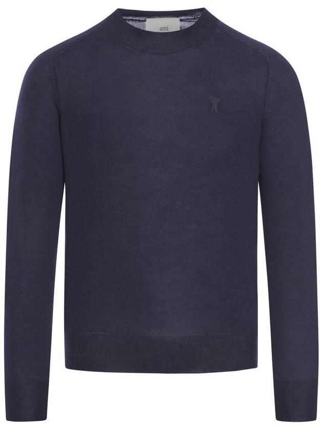 Logo Crew Neck Knit Top Navy - AMI - BALAAN 1