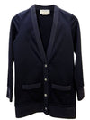 Cotton Loopback Hip Length Cardigan Navy - THOM BROWNE - BALAAN.