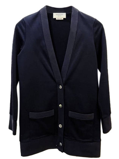 Lightweight Cotton Loopback Jersey Hip Length V Neck Cardigan Navy - THOM BROWNE - BALAAN 1