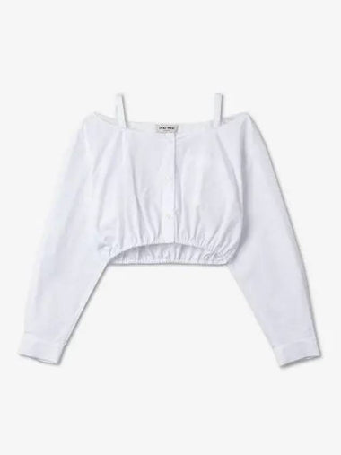 Poplin Off Shoulder Crop Cotton Blouse White - MIU MIU - BALAAN 1