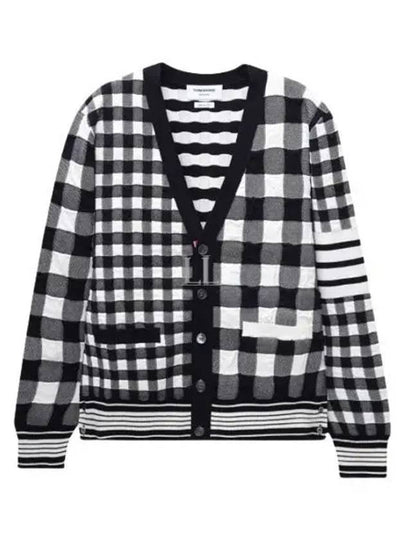 4-Bar Stripe Funmix Gingham Jacquard Cardigan Navy - THOM BROWNE - BALAAN 2