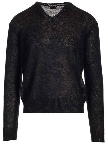 V Neck Long Sleeve Knit Top Black - TOM FORD - BALAAN 1