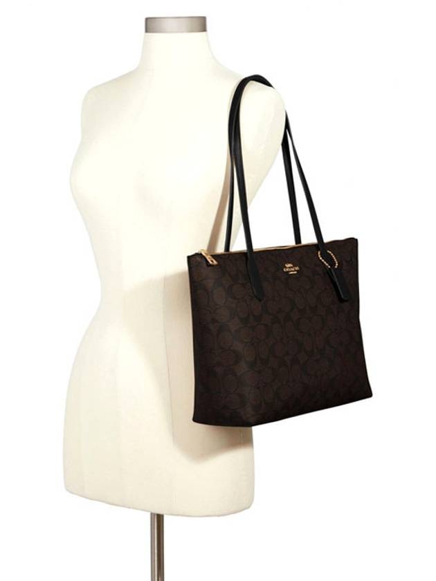 Signature Top Zip Tote Bag Brown Black - COACH - BALAAN 4