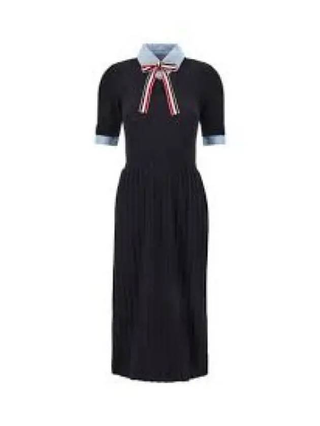 Ribbon Tie Layered Knit Midi Dress Navy - THOM BROWNE - BALAAN 2