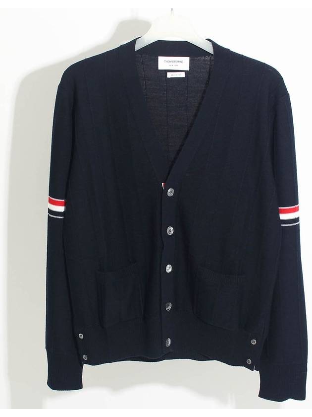 RWB V-neck Striped Virgin Wool Cardigan Navy - THOM BROWNE - BALAAN 2