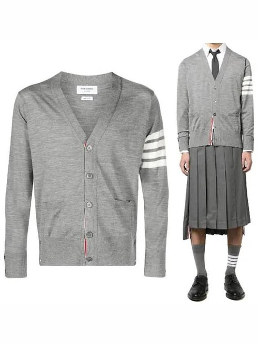 Men's Sustainable Classic Diagonal Wool Cardigan Pale Grey - THOM BROWNE - BALAAN