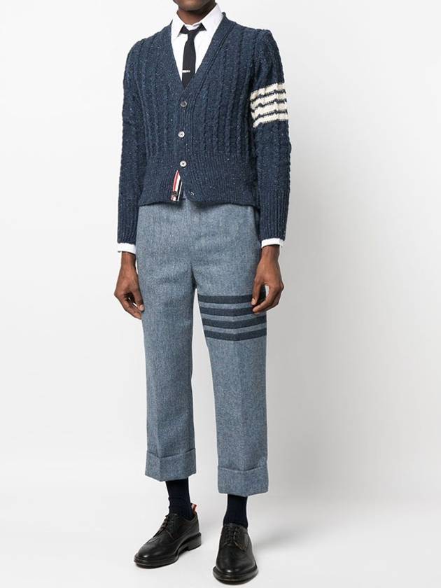 Donegal Twist Cable 4 Bar Classic V Neck Cardigan Blue - THOM BROWNE - BALAAN 5