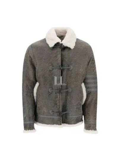 Shearling Trim Cracked Leather Jacket Grey - THOM BROWNE - BALAAN 2