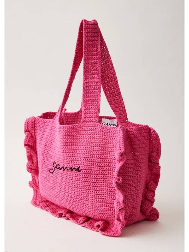 Women's Crochet Ruffle Embroidered Logo Cotton Tote Bag Shocking Pink - GANNI - BALAAN 3