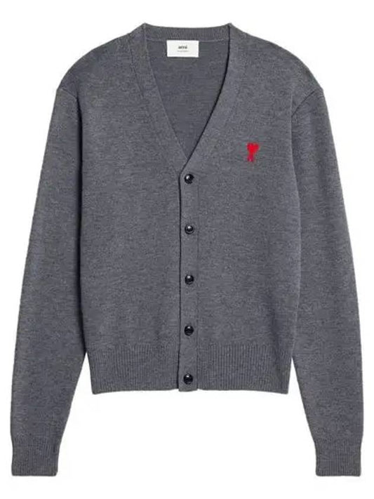 Small Heart Logo Wool Merino Cardigan Heather Grey - AMI - BALAAN 2