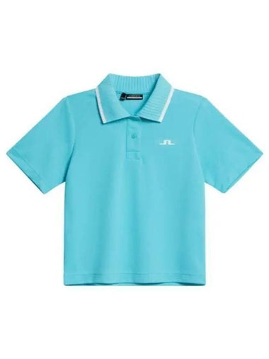 Carina Jacquard Cropped Polo Shirt Blue Curacao - J.LINDEBERG - BALAAN 1