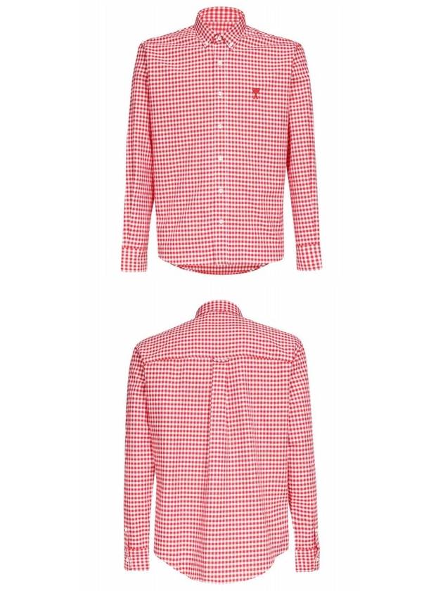 Small Heart Logo Gingham Button Long Sleeves Shirt Red - AMI - BALAAN 5