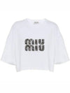 Embroidered Logo Crystal Crop Cotton Short Sleeve T-Shirt White - MIU MIU - BALAAN 2