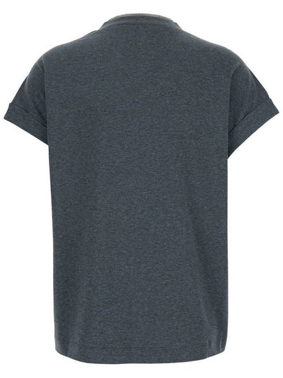 Grey V Neck T-Shirt With Monile Detail On The Neck In Cotton Woman - BRUNELLO CUCINELLI - BALAAN 2