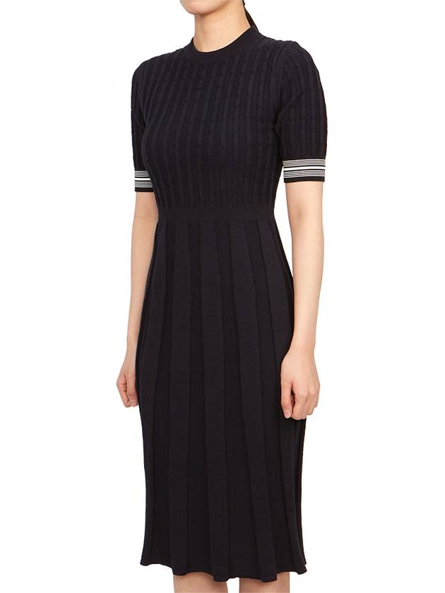 Cotton Pleated Cricket Striped Cable Midi Dress Navy - THOM BROWNE - BALAAN 3