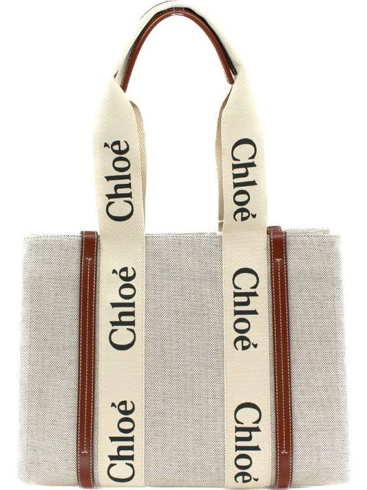 Woody Medium Canvas Calfskin Tote Bag White Brown - CHLOE - BALAAN 2