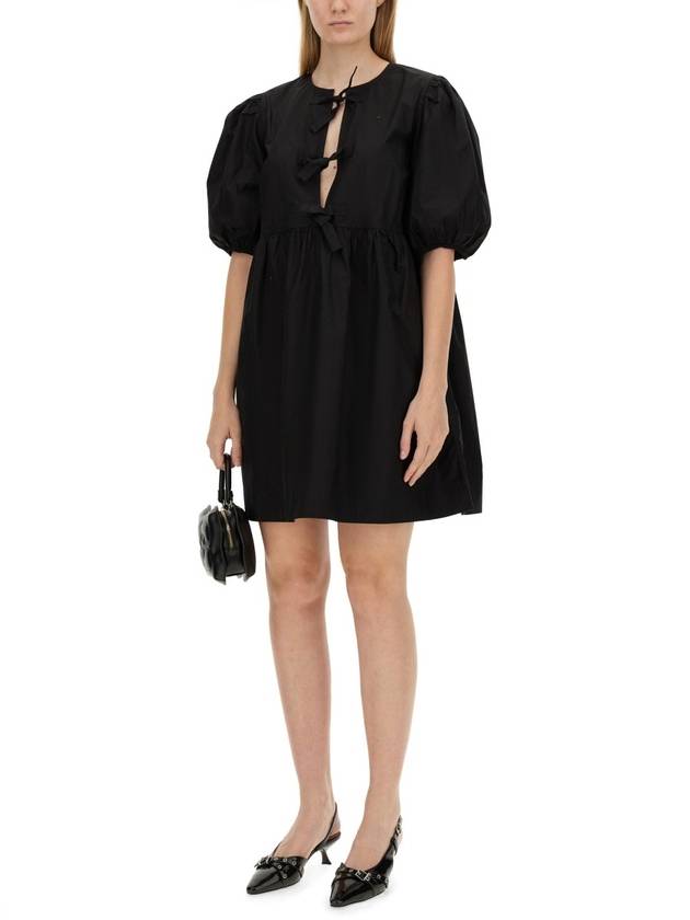 Poplin Tie String Cotton Short Dress Black - GANNI - BALAAN 3