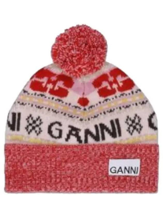 Intarsia logo patch wool beanie multicolor hat - GANNI - BALAAN 1