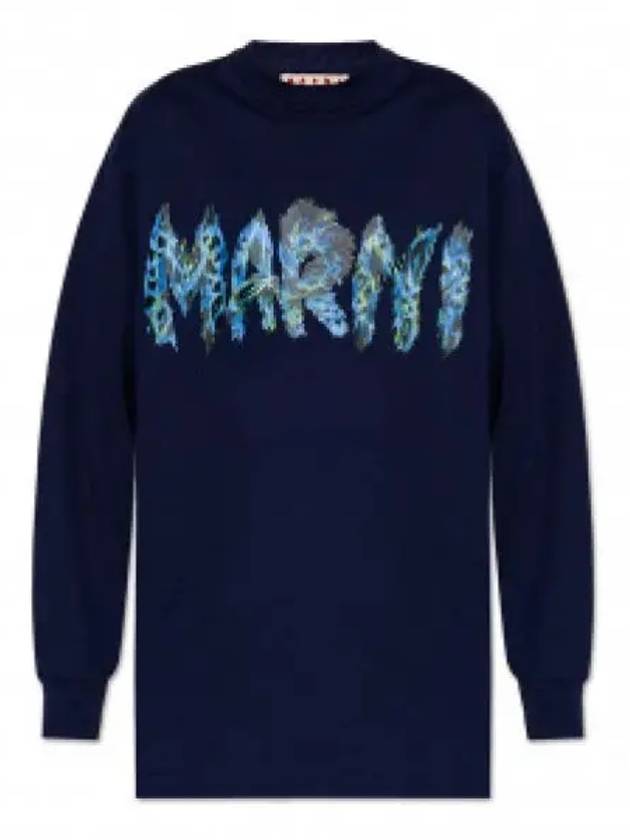 Logo Print Cotton Long Sleeve T-Shirt Navy - MARNI - BALAAN 2