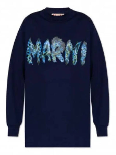 Logo Print Cotton Long Sleeve T-Shirt Navy - MARNI - BALAAN 2