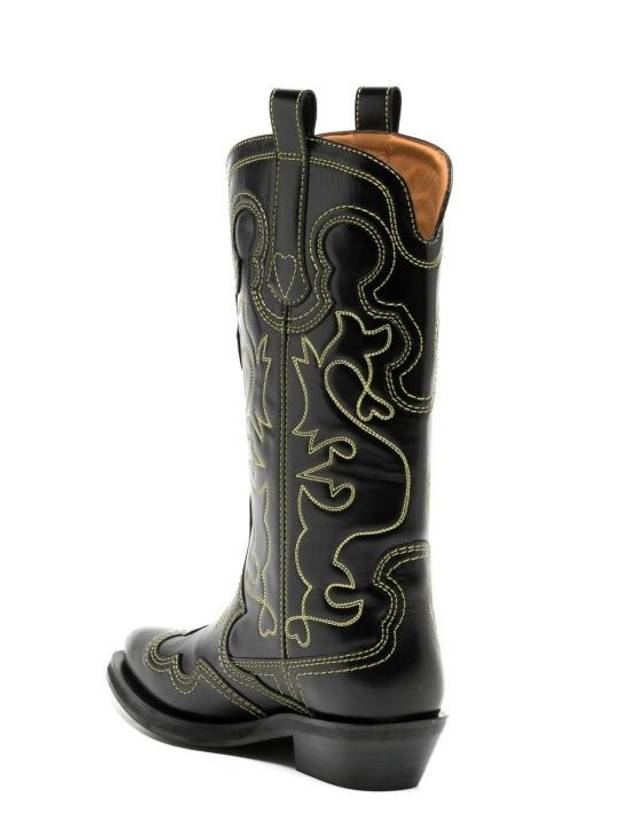 Embroidered Western Leather Middle Boots Black - GANNI - BALAAN 5