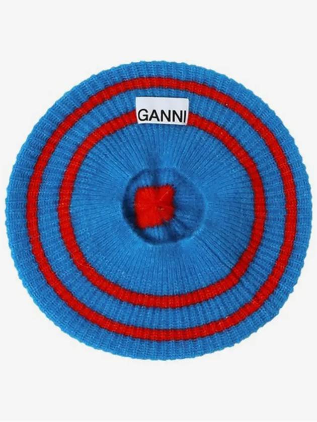 logo striped wool beret blue - GANNI - BALAAN.