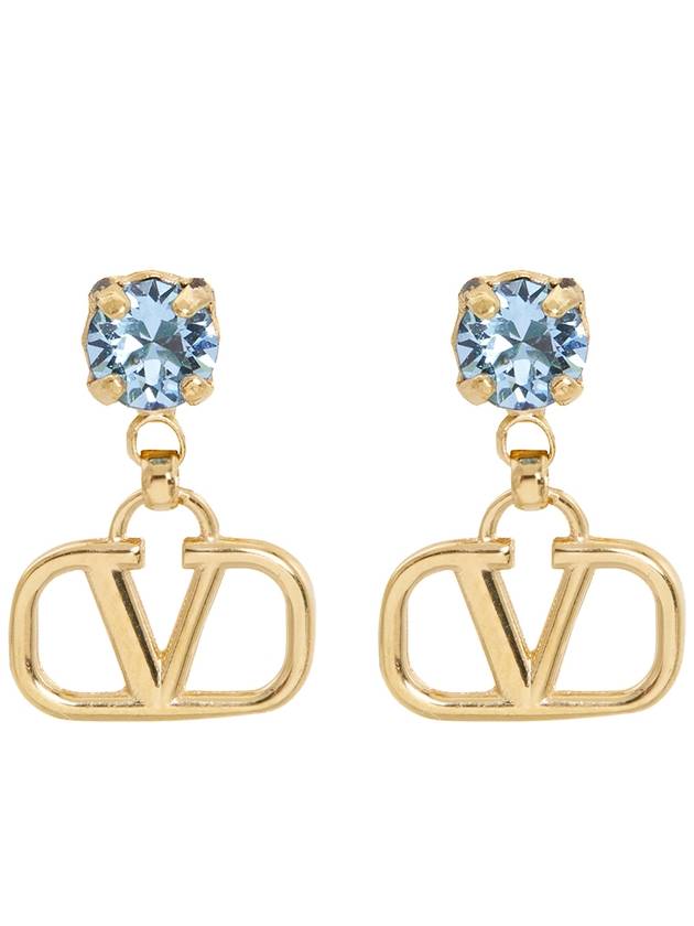 V Logo Signature Metal Rhinestone Earrings Blue Gold - VALENTINO - BALAAN 3