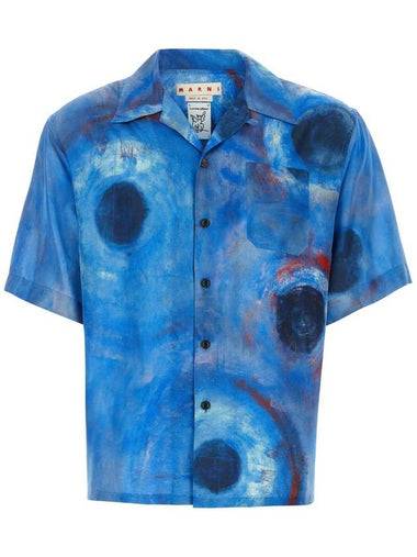 Haboutai Print Silk Short Sleeve Shirt Blue - MARNI - BALAAN 1