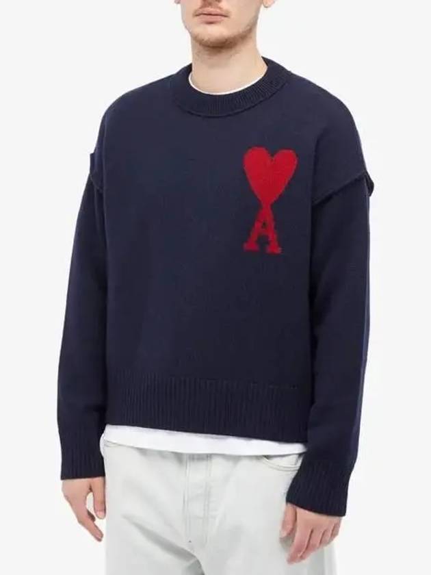 Big Heart Logo Wool Knit Top Navy - AMI - BALAAN 4