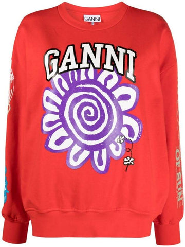 Print Organic Cotton Sweatshirt Red - GANNI - BALAAN 1