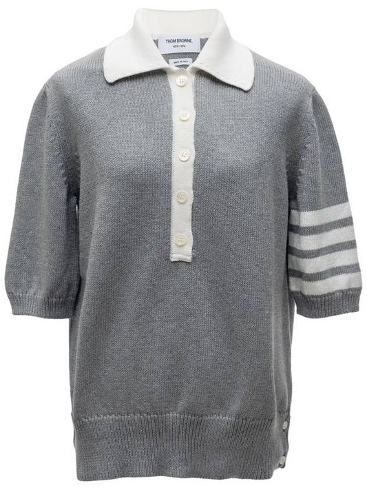 Women's Flower 4 Bar Cotton Jersey Polo Knit Top Light Grey - THOM BROWNE - BALAAN.