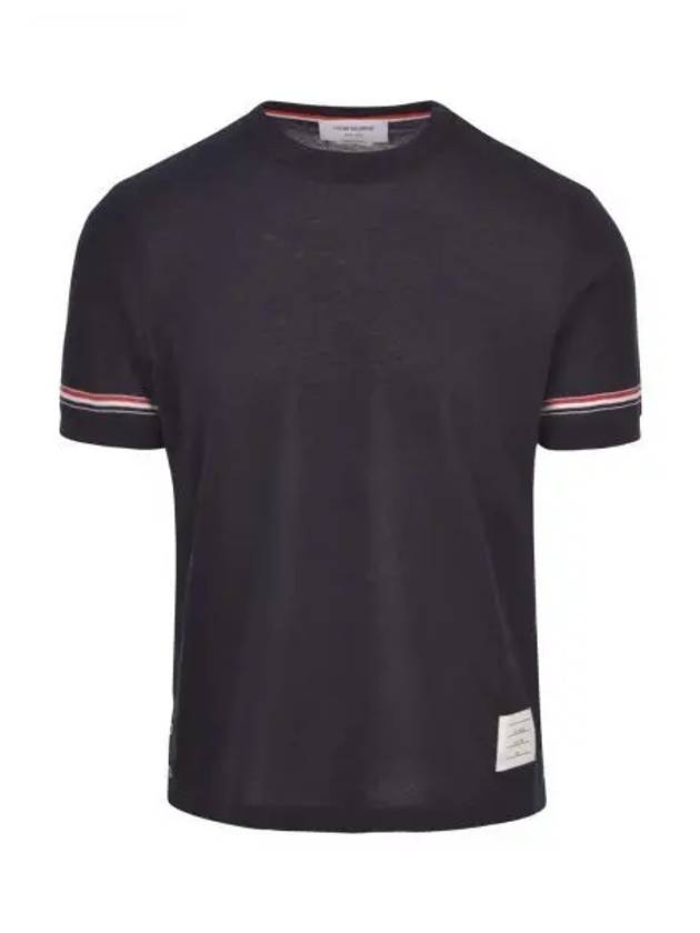 Striped Detail Crew Neck Cotton Short Sleeve T-Shirt Navy - THOM BROWNE - BALAAN 2